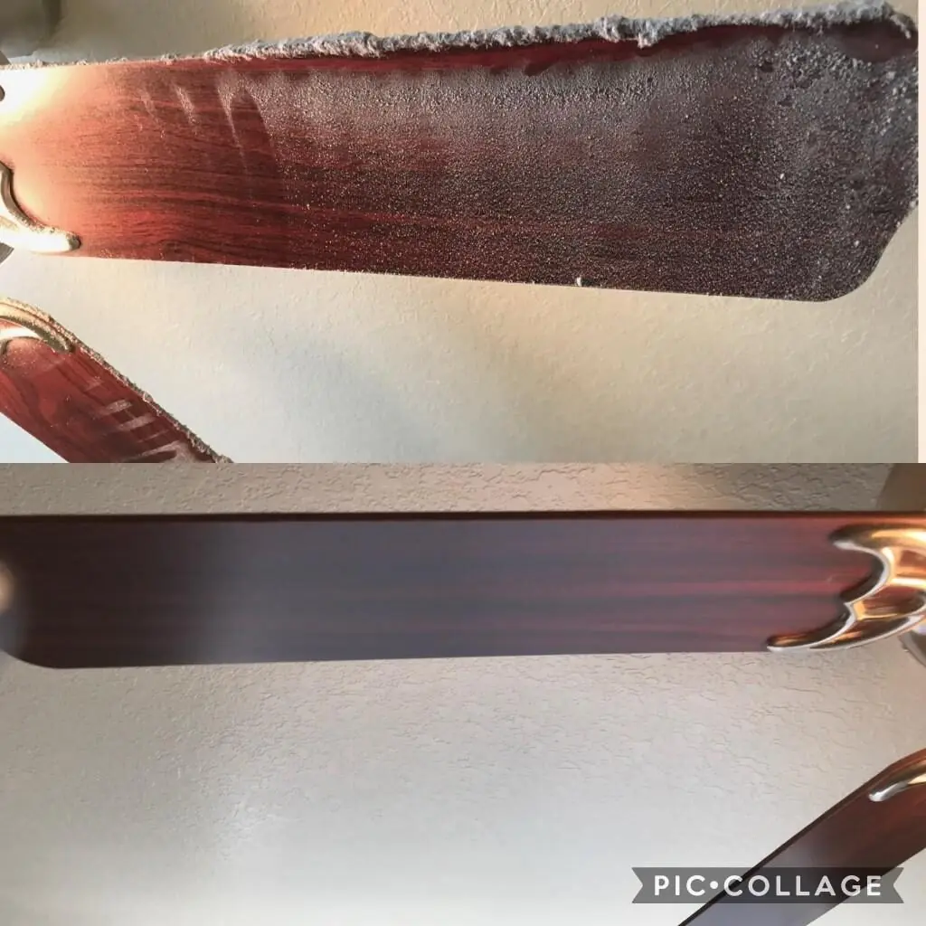 High dusting: caked dust on a ceiling fan blade before, polished wood after, by Orchid