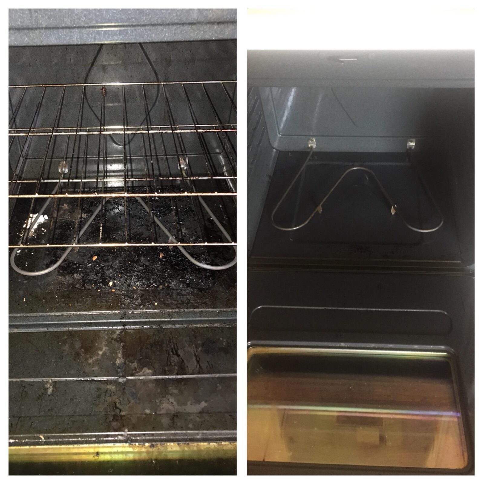 Oven interior — burnt carbon and grease before, deep-cleaned dark enamel after, by Orchid
