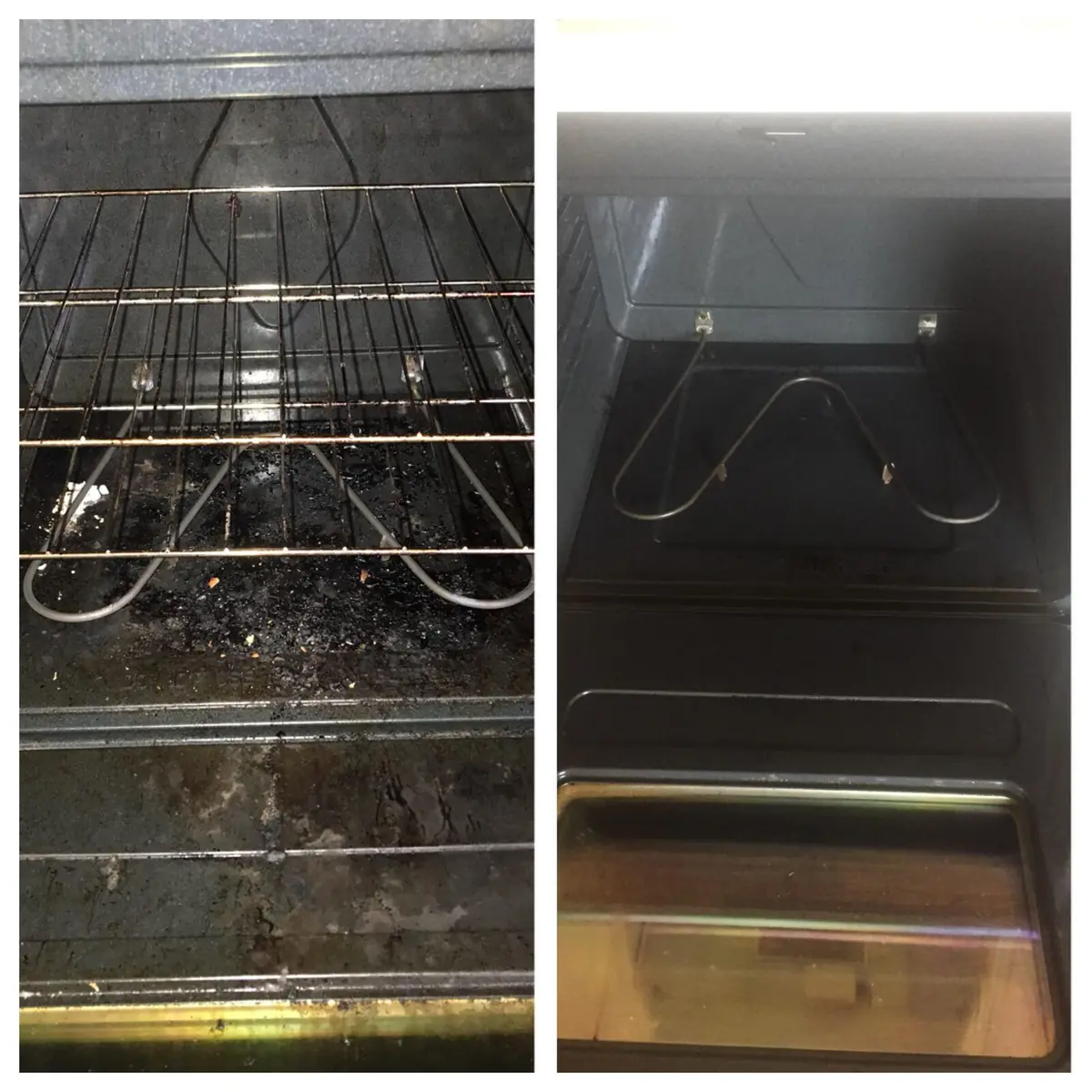 Oven interior: burnt carbon and grease before, deep-cleaned dark enamel after, by Orchid